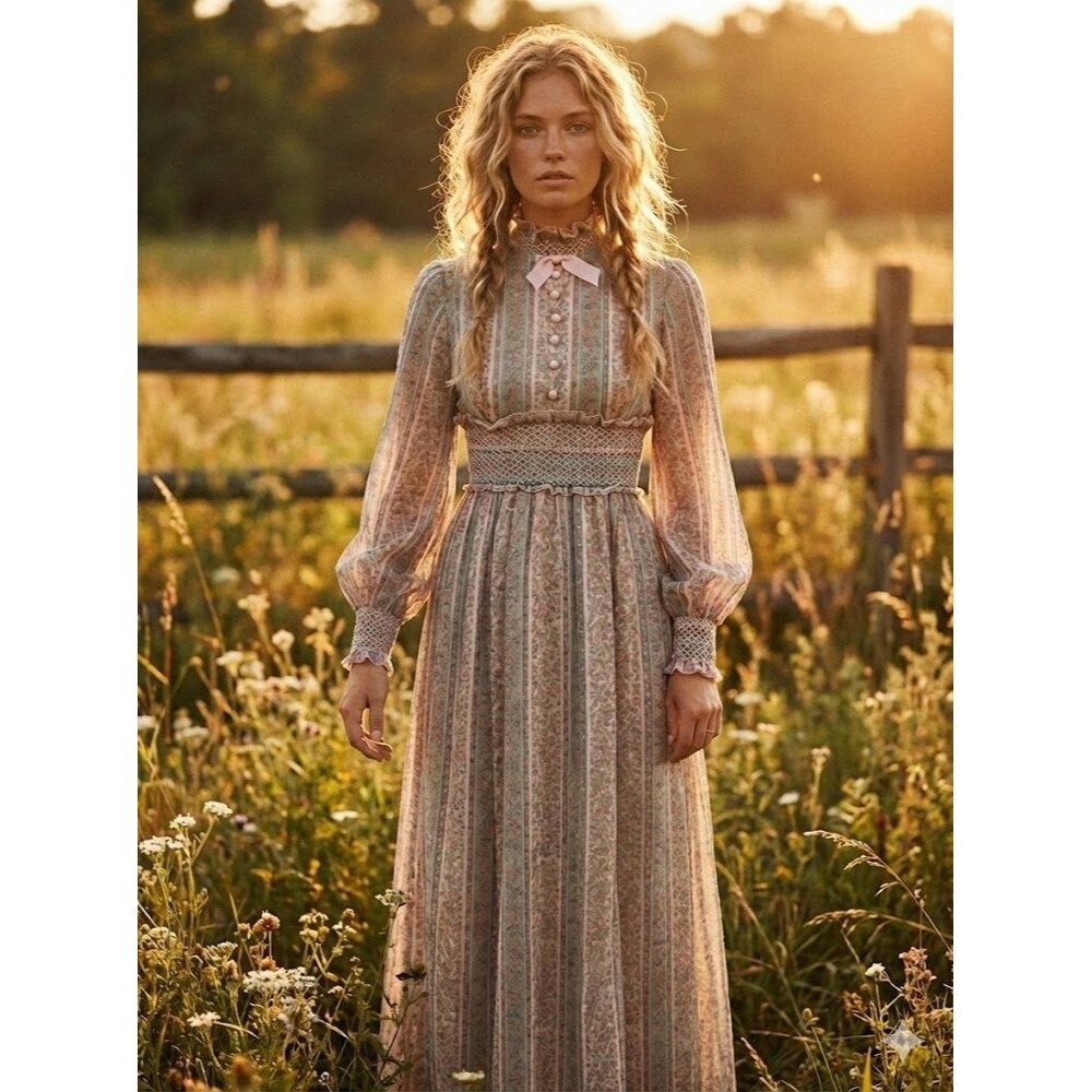 Vintage 60s Prairie Maxi Dress Floral Striped Victorian Revival Balloon Sleeve S